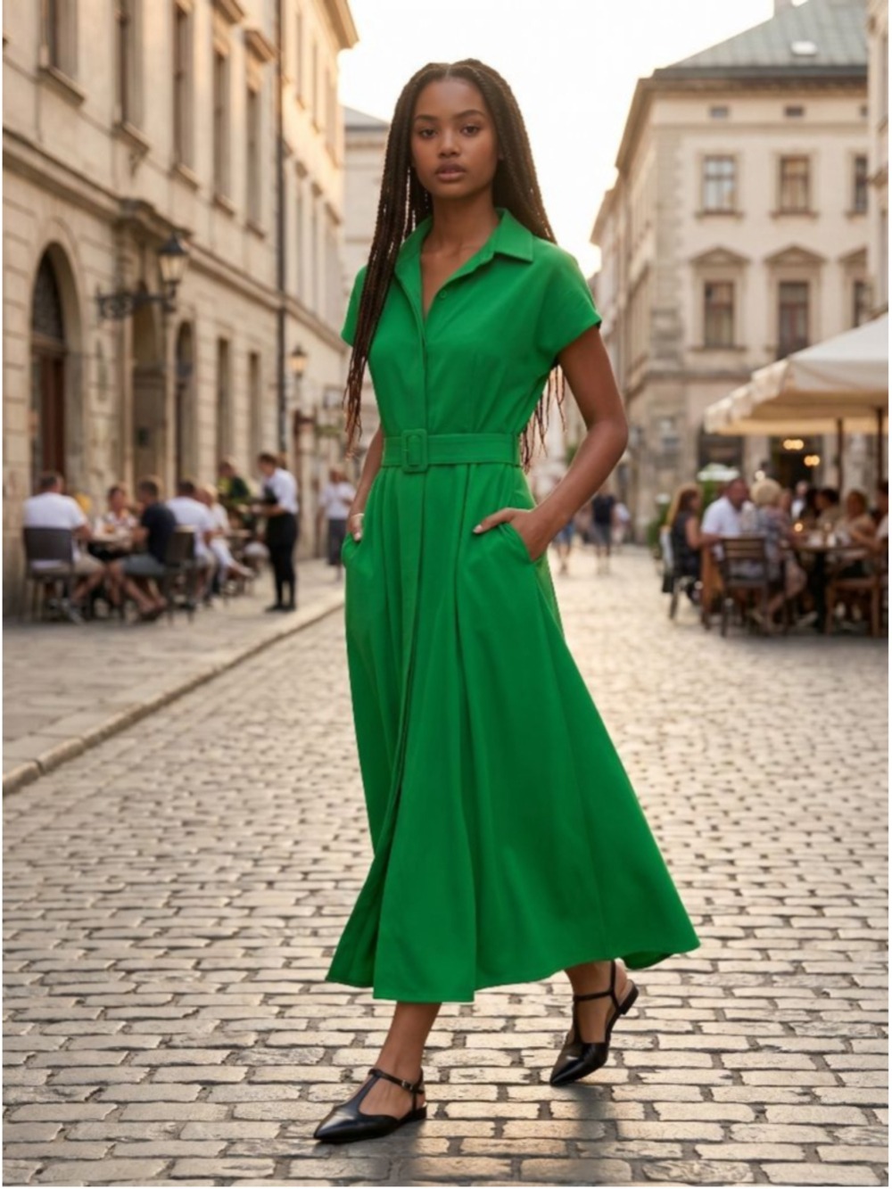 Mac Duggal Green Short Sleeve Belted Midi Dress L - Picture 7 of 9
